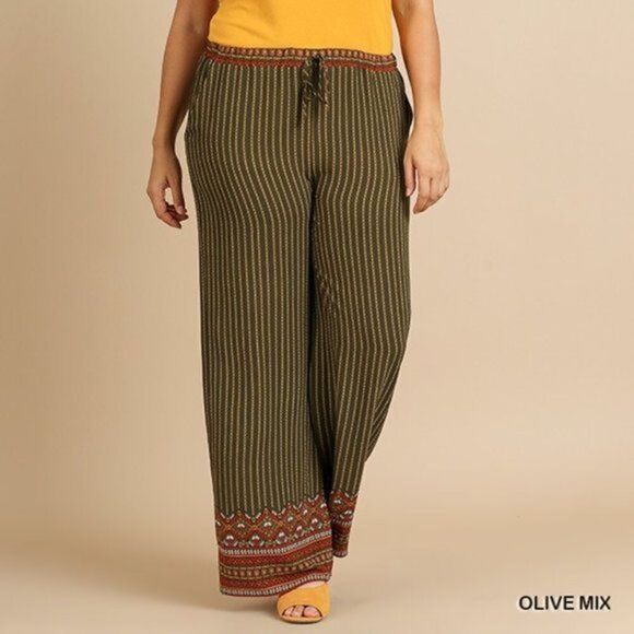Umgee Pants - Nwt umgee olive green wide leg boho tribal Aztec lightweight small elastic tie